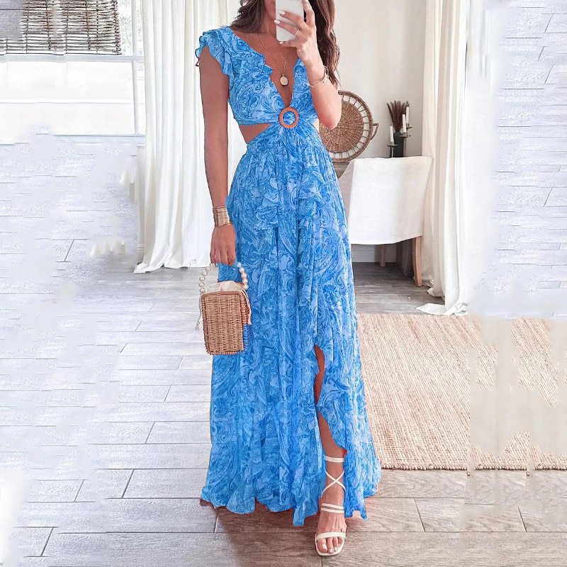 Damen Maxikleid Hochschlitz Florale Rüschendetails