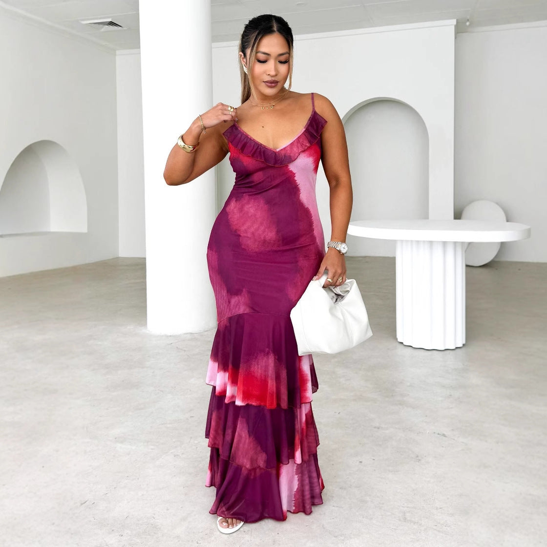 Damen Maxikleid Voluminöser Rock Rüschen Details Norvielle