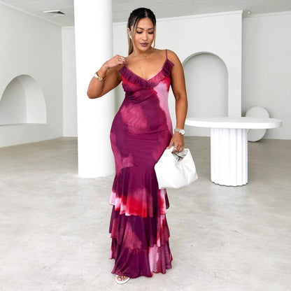 Damen Maxikleid Voluminöser Rock Rüschen Details Norvielle