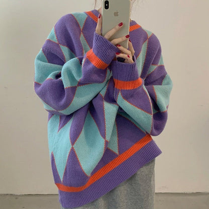 Damen Oversized Strickpullover Geometrisches Muster Farbkontrast - Norvielle