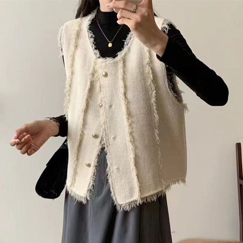 Damen Strickweste Stufenlos Mit Knöpfen und Fransen Beige - Norvielle
