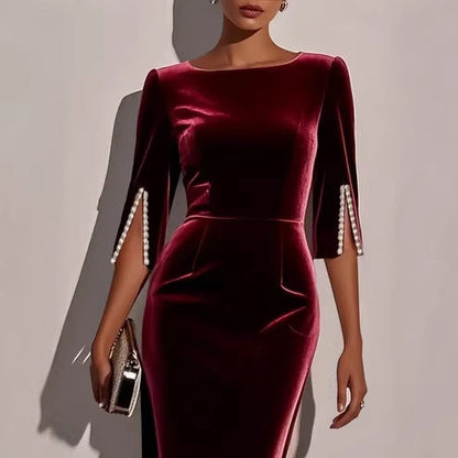 Damen Samtkleid Figurbetont Perlendetails