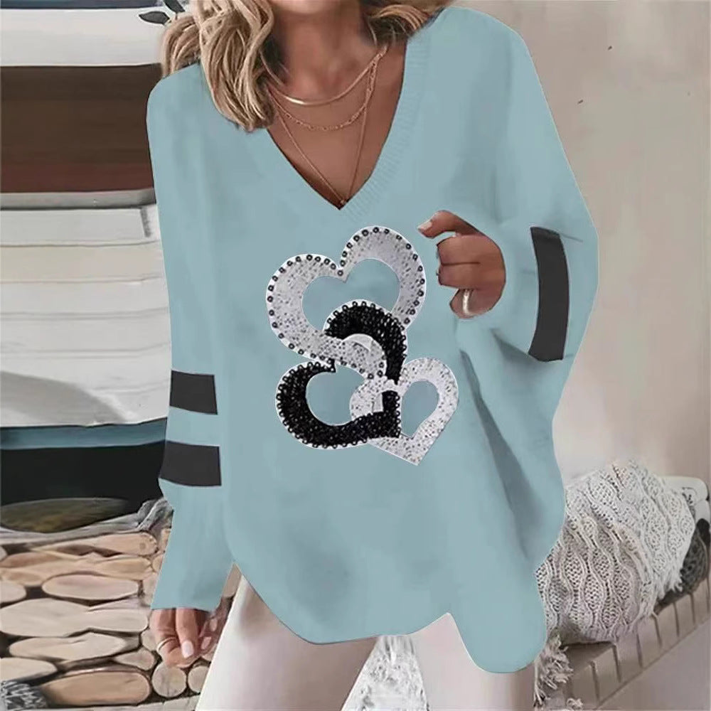Damen Hoodie Herzmotiv Kontraststreifen Elegant