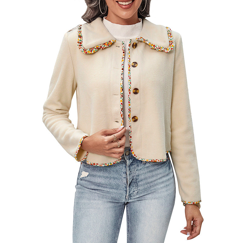 Damen Lässige Jacke Bunter Kragen Knöpfe Beige