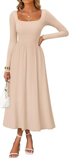 Damen Elegantes Midi-Kleid mit Quadratausschnitt und langen Ärmeln