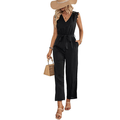 Damen Jumpsuit Spitze Taillengürtel Elegent