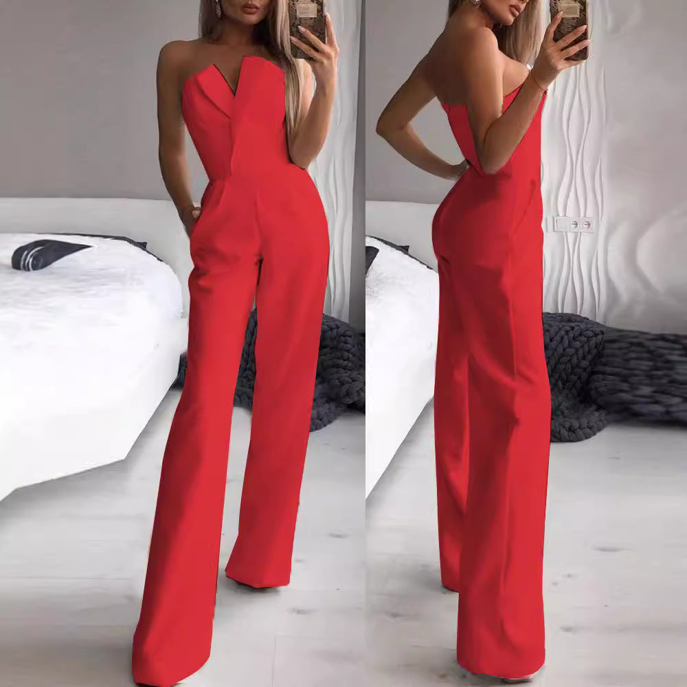 Damen Jumpsuit V-Ausschnitt Weites Bein Norvielle