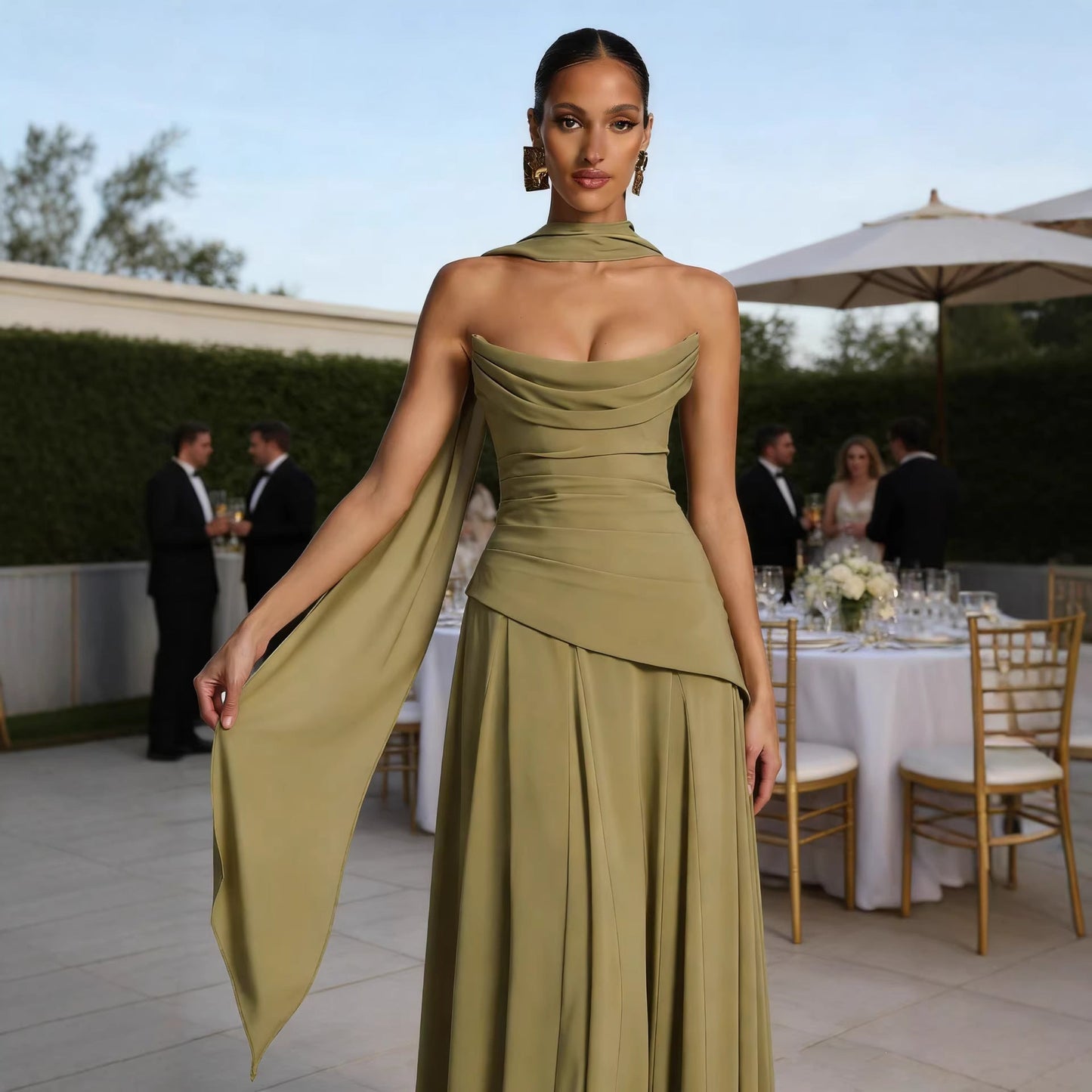 Damen Abendkleid Elegantes Wasserfall-Ausschnitt Voluminöser Rock