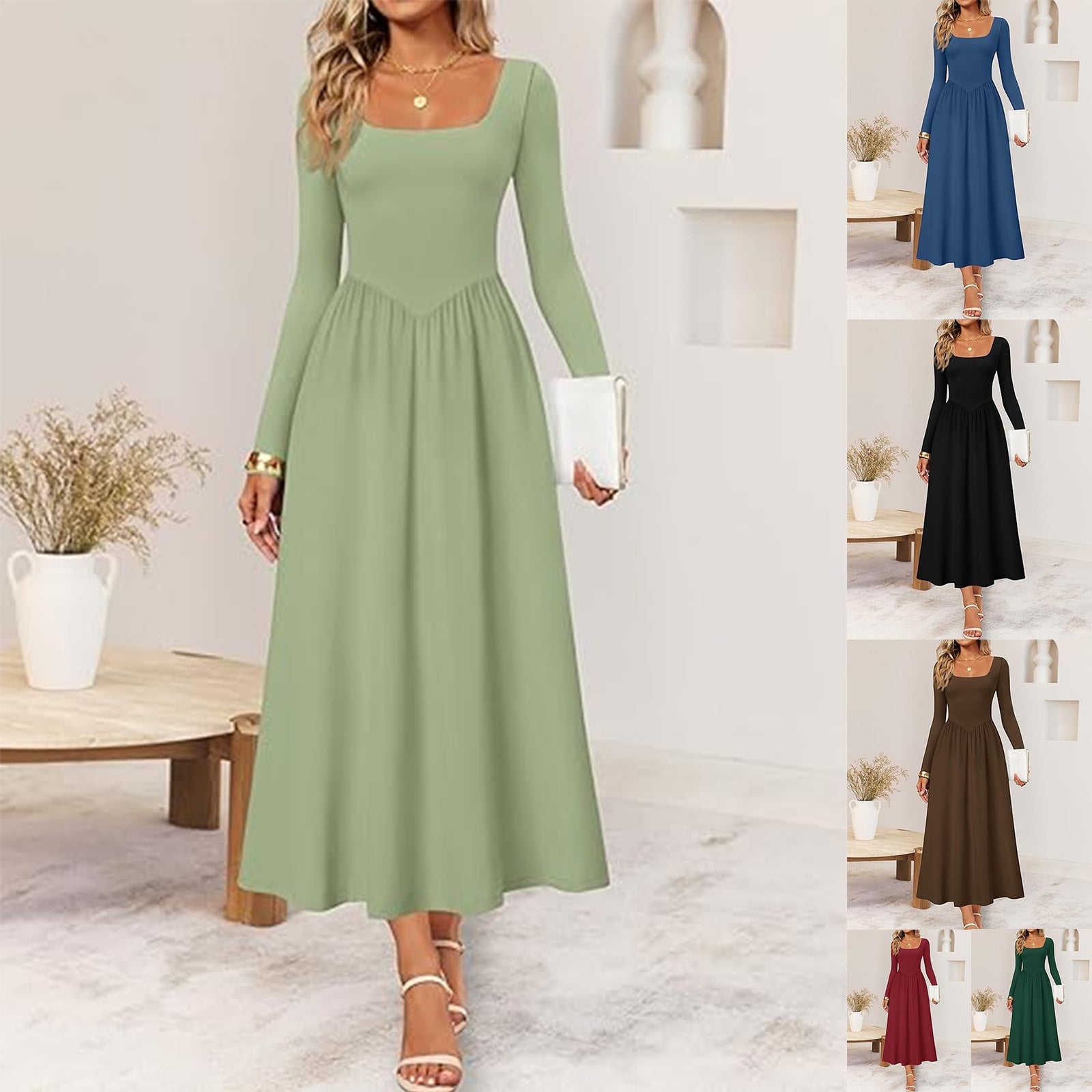 Damen Elegantes Midi-Kleid mit Quadratausschnitt und langen Ärmeln - Norvielle