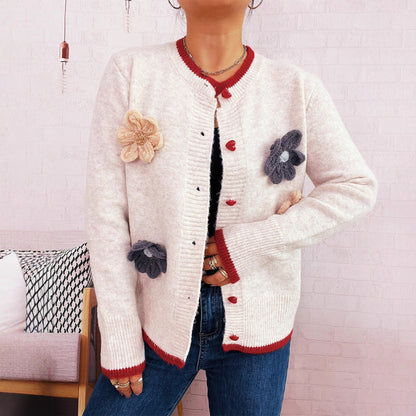 Damen Strickjacke Florale Applikationen Herzknöpfe Norvielle