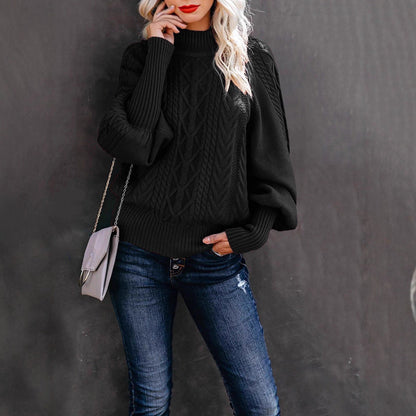 Damen Grobstrickpullover Stehkragen Ballonärmel Norvielle