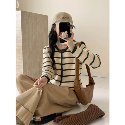 Damen Strickjacke Gestreift Elegante Knöpfe Beige