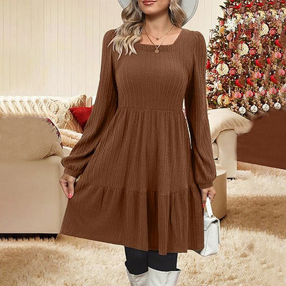 Damen Midi-Kleid mit Quadrat-Ausschnitt und Gerafften Ärmeln
