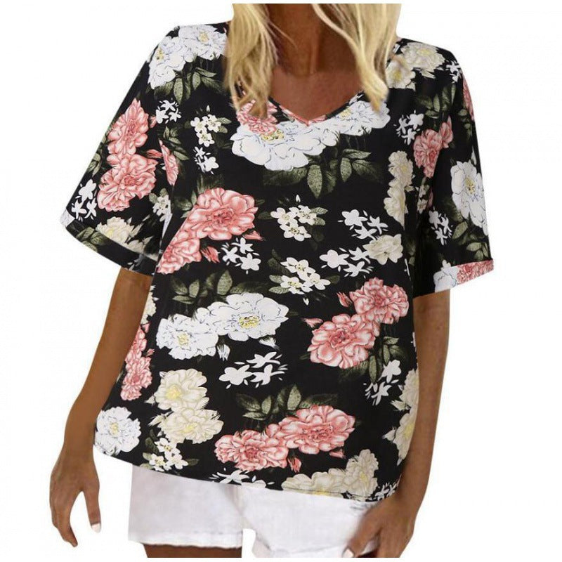 Damen T-Shirt Blumendesign V-Ausschnitt Locker Norvielle