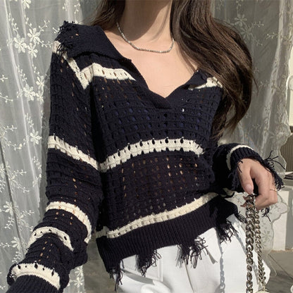 Damen Strickpullover Luftig Netzdesign Streifenmuster Beige