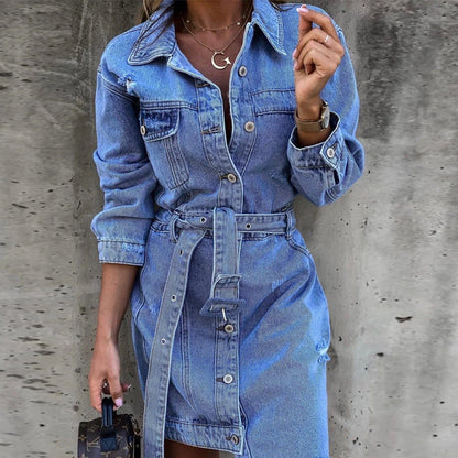 Damen Jeanskleid mit Taillengürtel und Knöpfen Blau - Norvielle