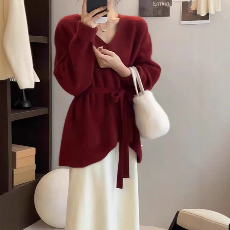 Damen Strickjacke V-Ausschnitt Taillengürtel Norvielle