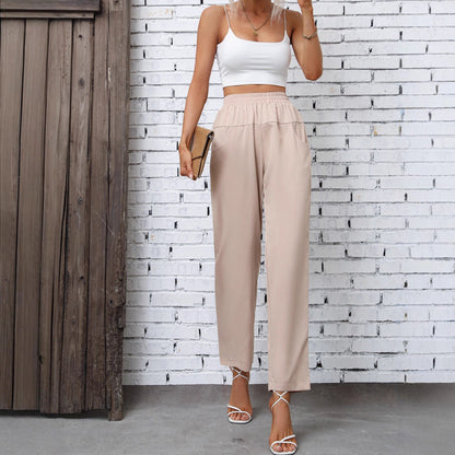 Damen Freizeithose Elastischer Bund Seitentaschen Beige