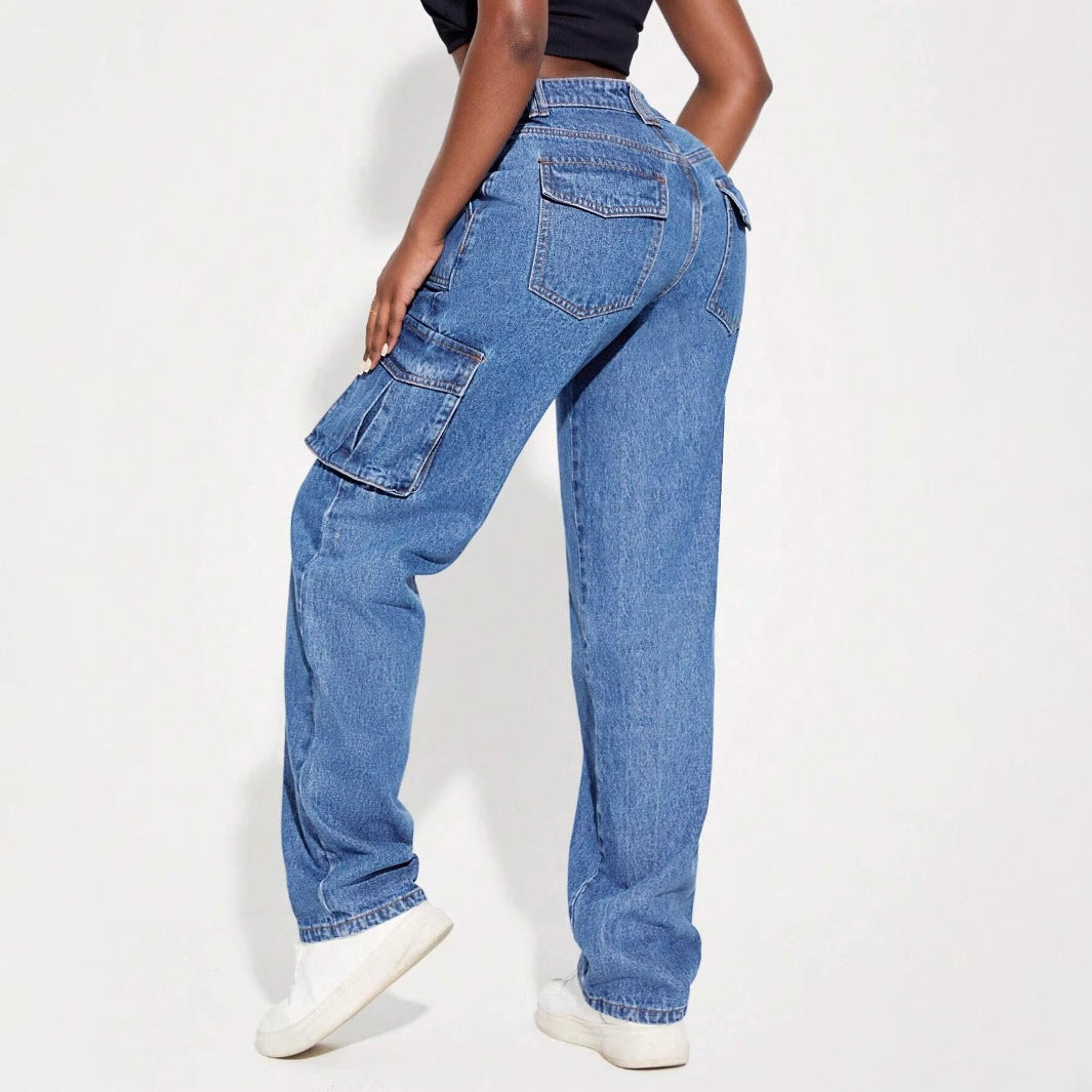 Damen Cargo Jeans Elastischer Bund Praktische Seitentaschen