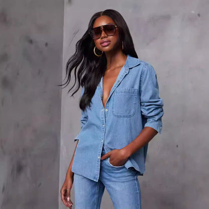Damen Jeanshemd mit Brusttasche und modischen Akzenten