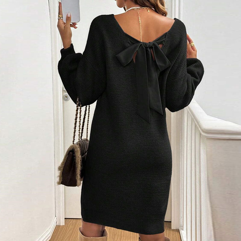 Damen Strickkleid Rückenausschnitt Schleife Norvielle