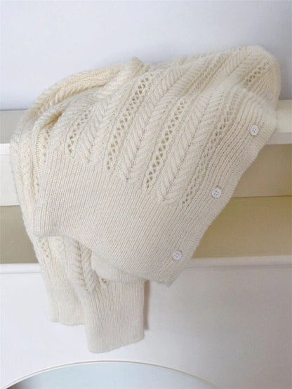 Damen Strickjacke Filigran Muster Knöpfe Beige