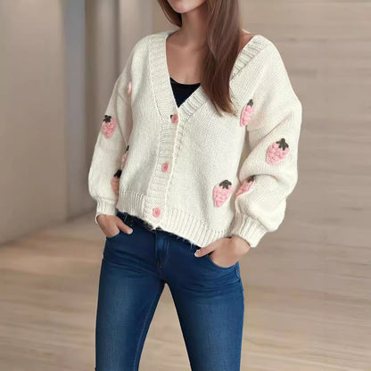 Damen Strickjacke Erdbeermotiv Große Knöpfe