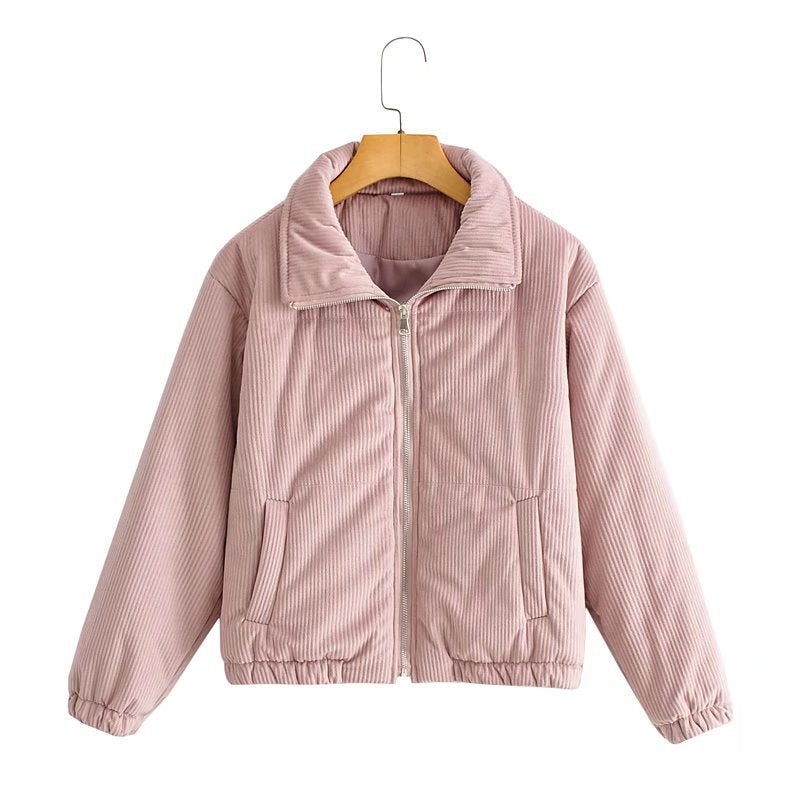 Damen Cordjacke Elastische Bündchen Hochkragen Beige