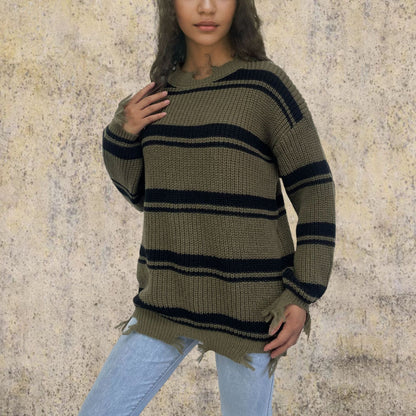 Damen Oversized Strickpullover Streifenmuster Französische Fransen