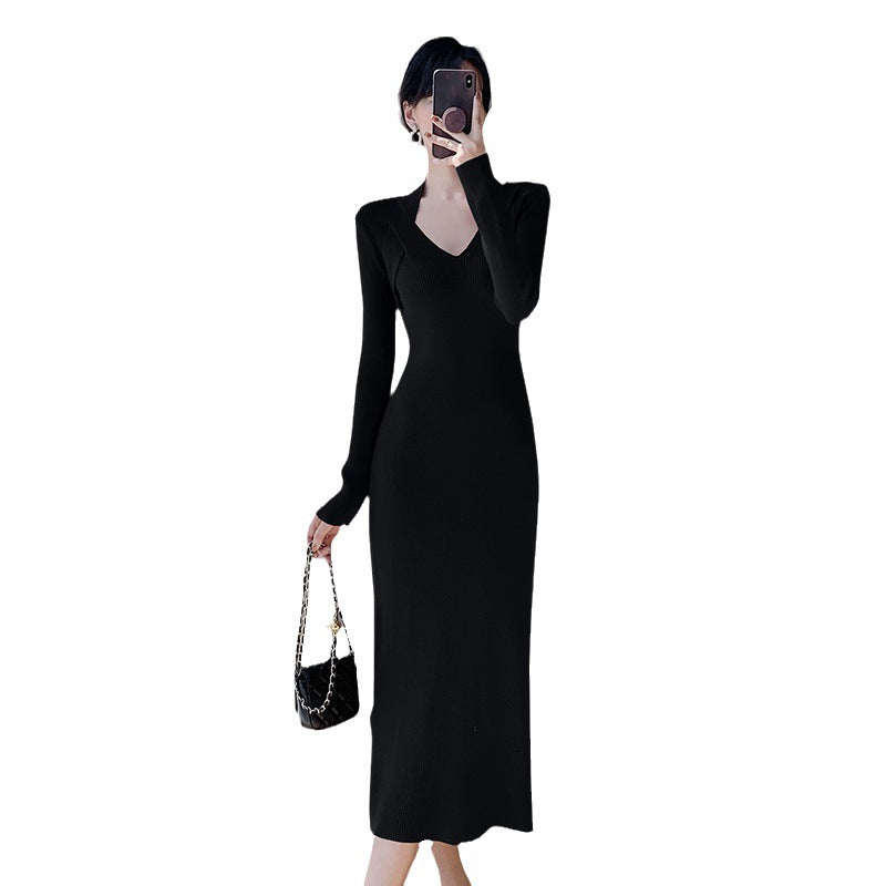Damen Strickkleid V-Ausschnitt Seitenschlitze Norvielle