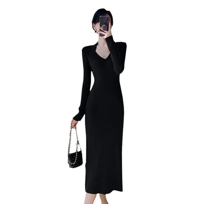 Damen Strickkleid V-Ausschnitt Seitenschlitze Norvielle