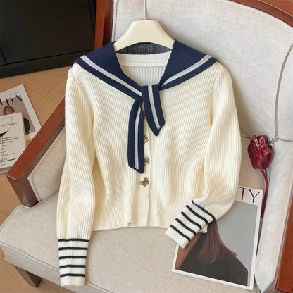 Damen Strickjacke Maritimer Kragen Knöpfe Beige