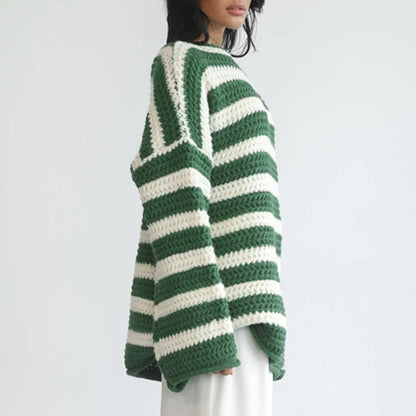 Damen Grobstrickpullover Streifenmuster Lässig Beige