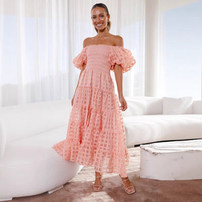 Damen Maxikleid Luftige Puffärmel Gerafftes Oberteil Norvielle