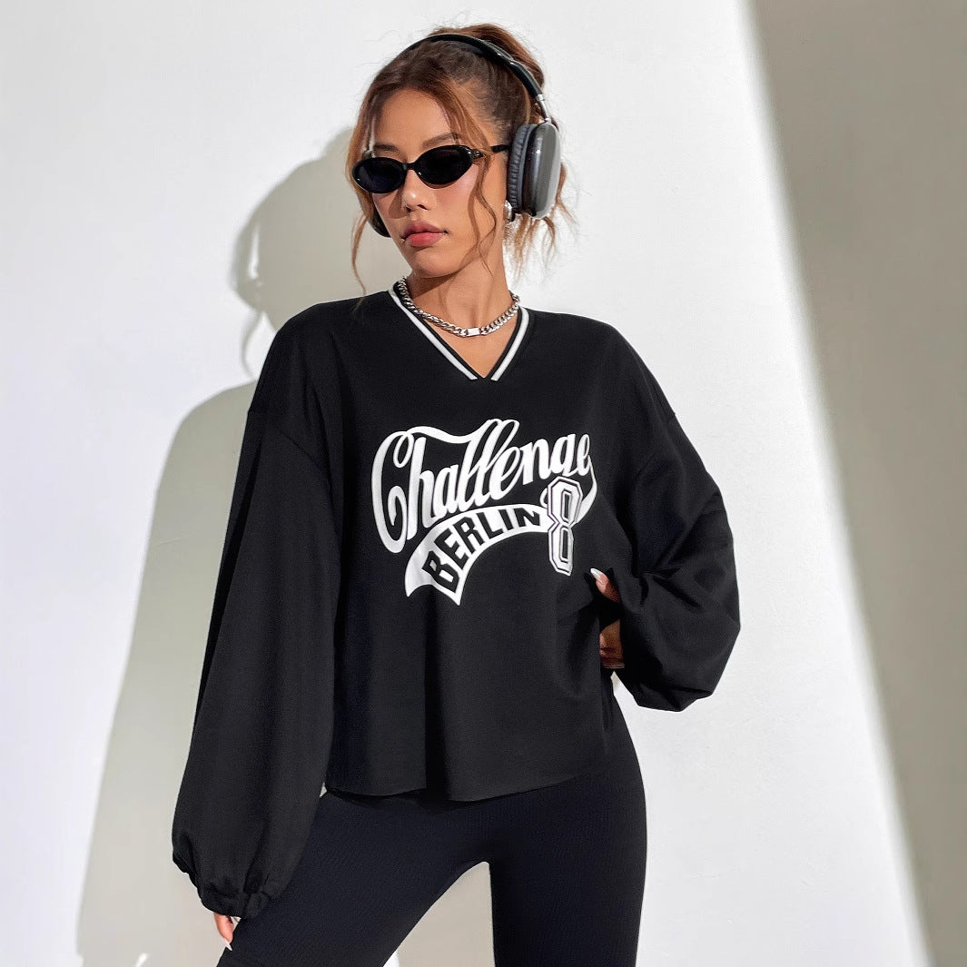 Damen Oversized Sweatshirt V-Ausschnitt Grafikprint Norvielle