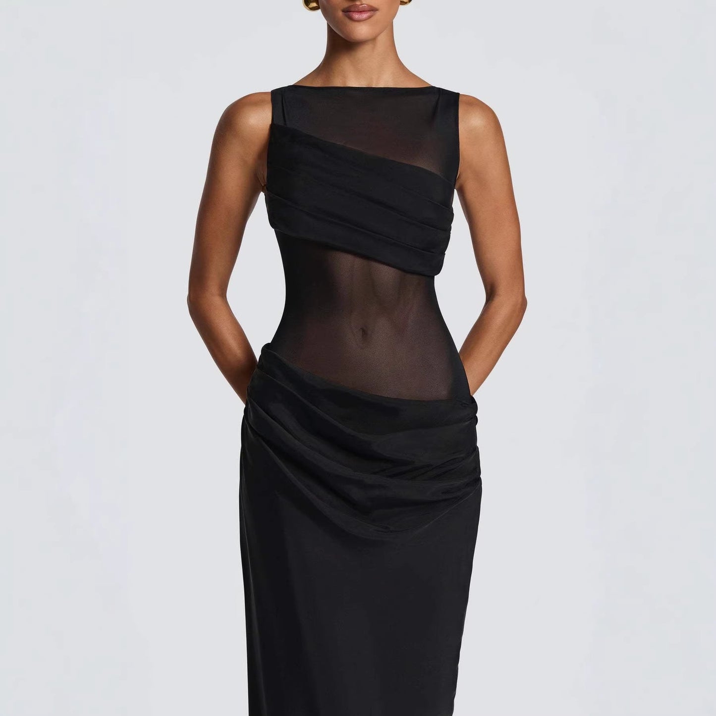 Damen Abendkleid Elegantes Rüschenkleid mit transparentem Oberteil