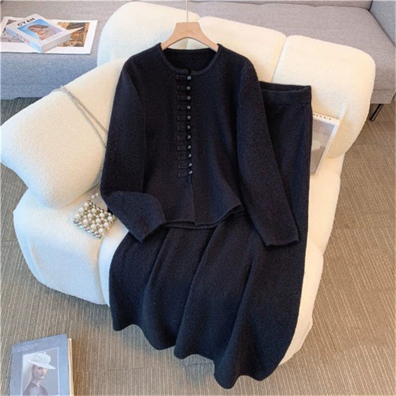 Damen Strickensemble Klassisches Knopfdesign Fließender Rock Norvielle