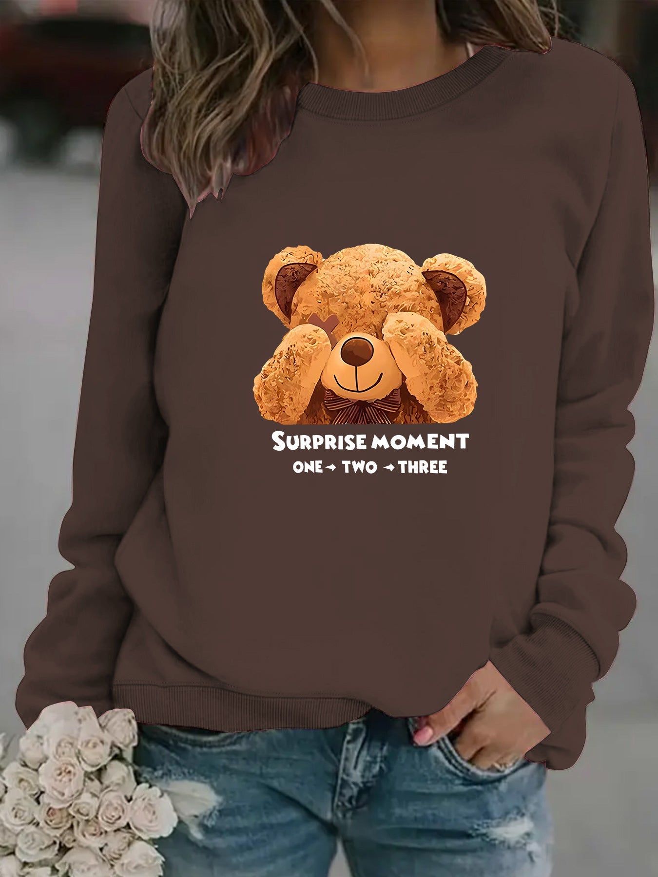 Damen Sweatshirt Bärenmotiv Baumwolle Weiß