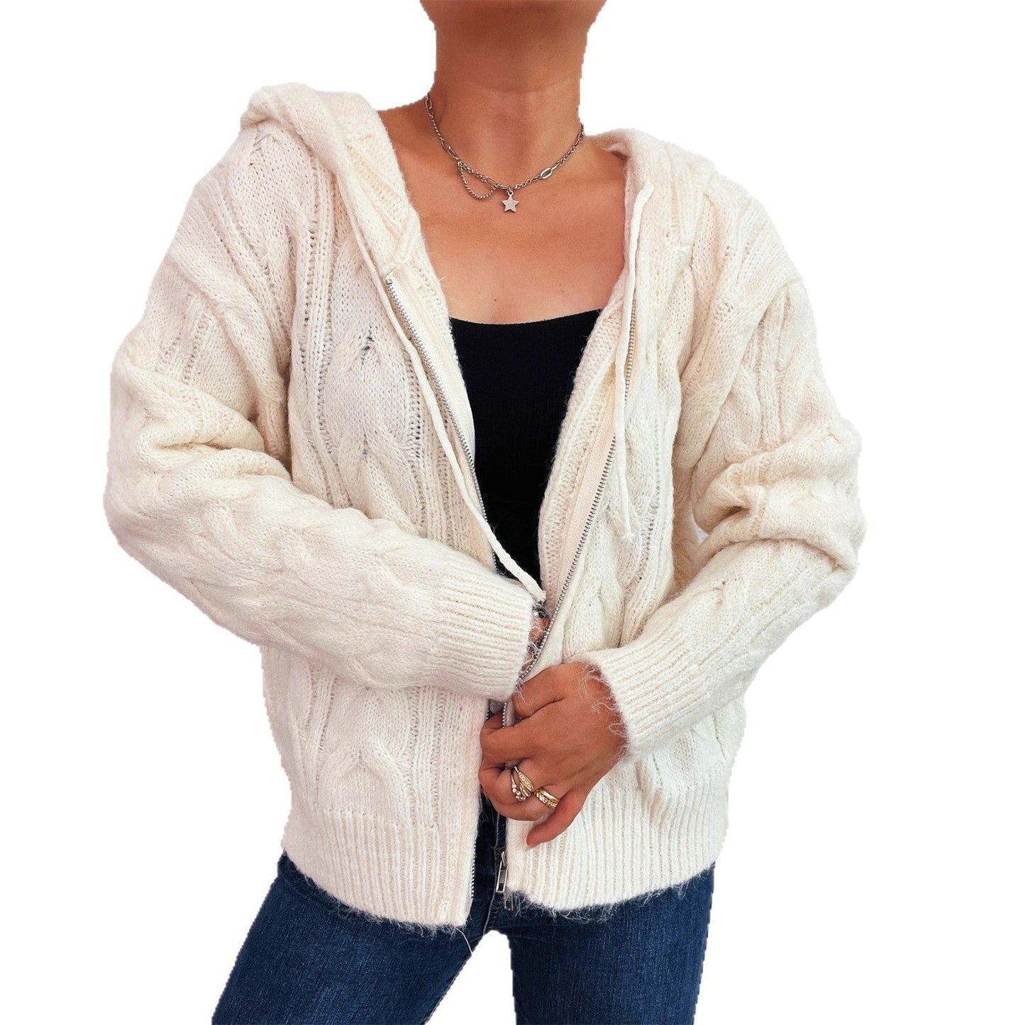 Damen Gestreifter Grobstrick Zip Hoodie Weich Kapuze