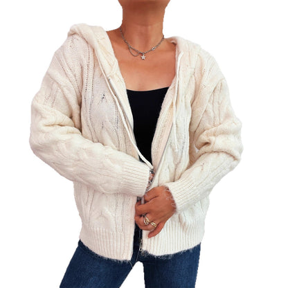 Damen Gestreifter Grobstrick Zip Hoodie Weich Kapuze