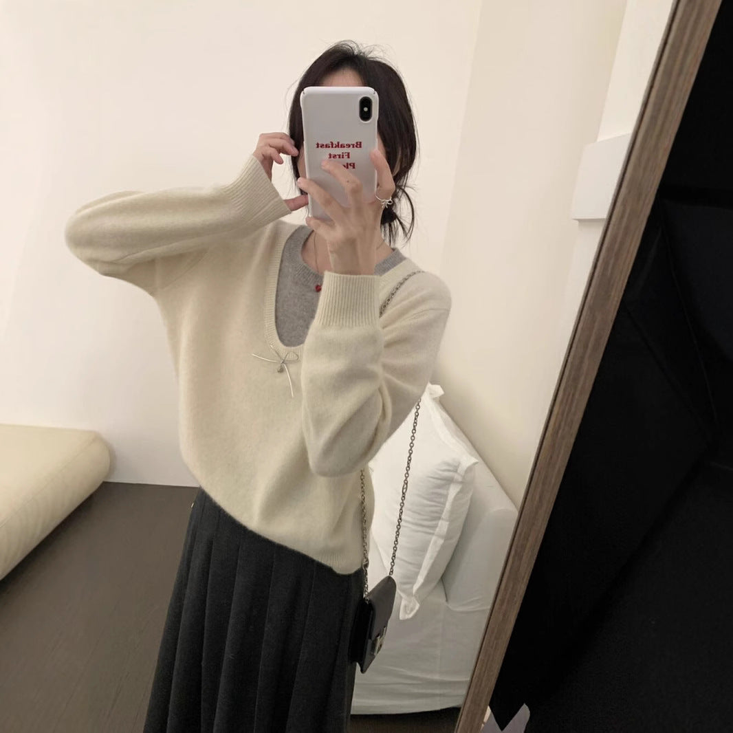 Damen Pullover V-Ausschnitt Schleifenapplikation Norvielle