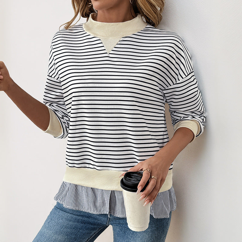 Damen Sweatshirt Asymmetrisches Streifenmuster Rüschenabschluss