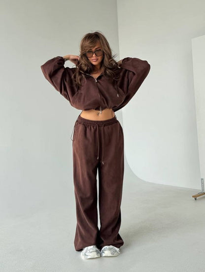 Damen Velours Jogginganzug Set Kapuze Weite Passform