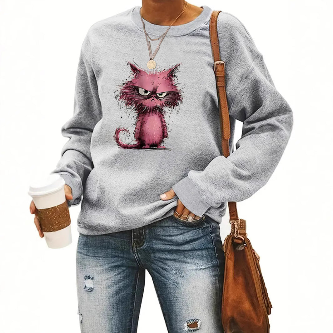 Damen Sweatshirt Katzenmotiv Baumwolle Weiß