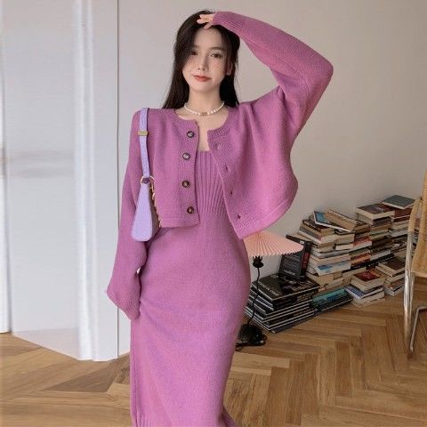 Damen Strickkleid mit Cardigan und Knöpfen