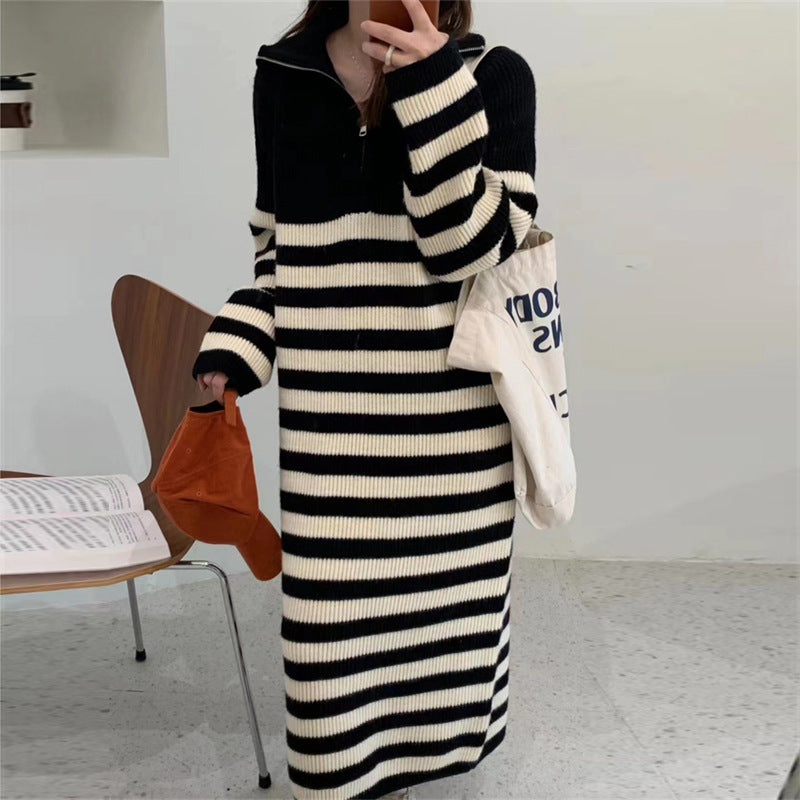 Damen Strickkleid Stehkragen Halb-Reißverschluss Norvielle