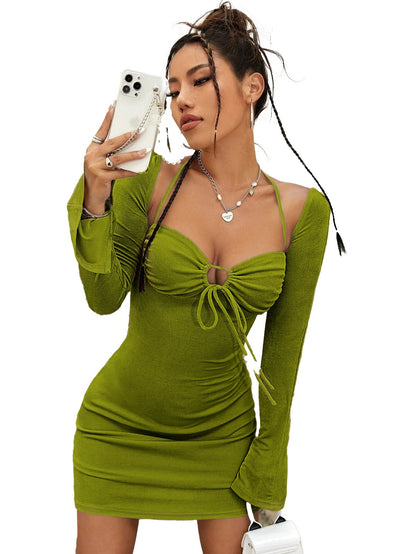 Damen Minikleid Figurbetont Verstellbarer V-Ausschnitt Länge 80cm