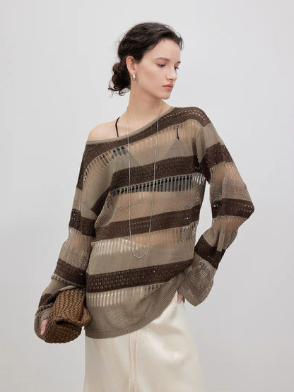 Damen Strickpulli Luftiger Look Lochmuster Beige