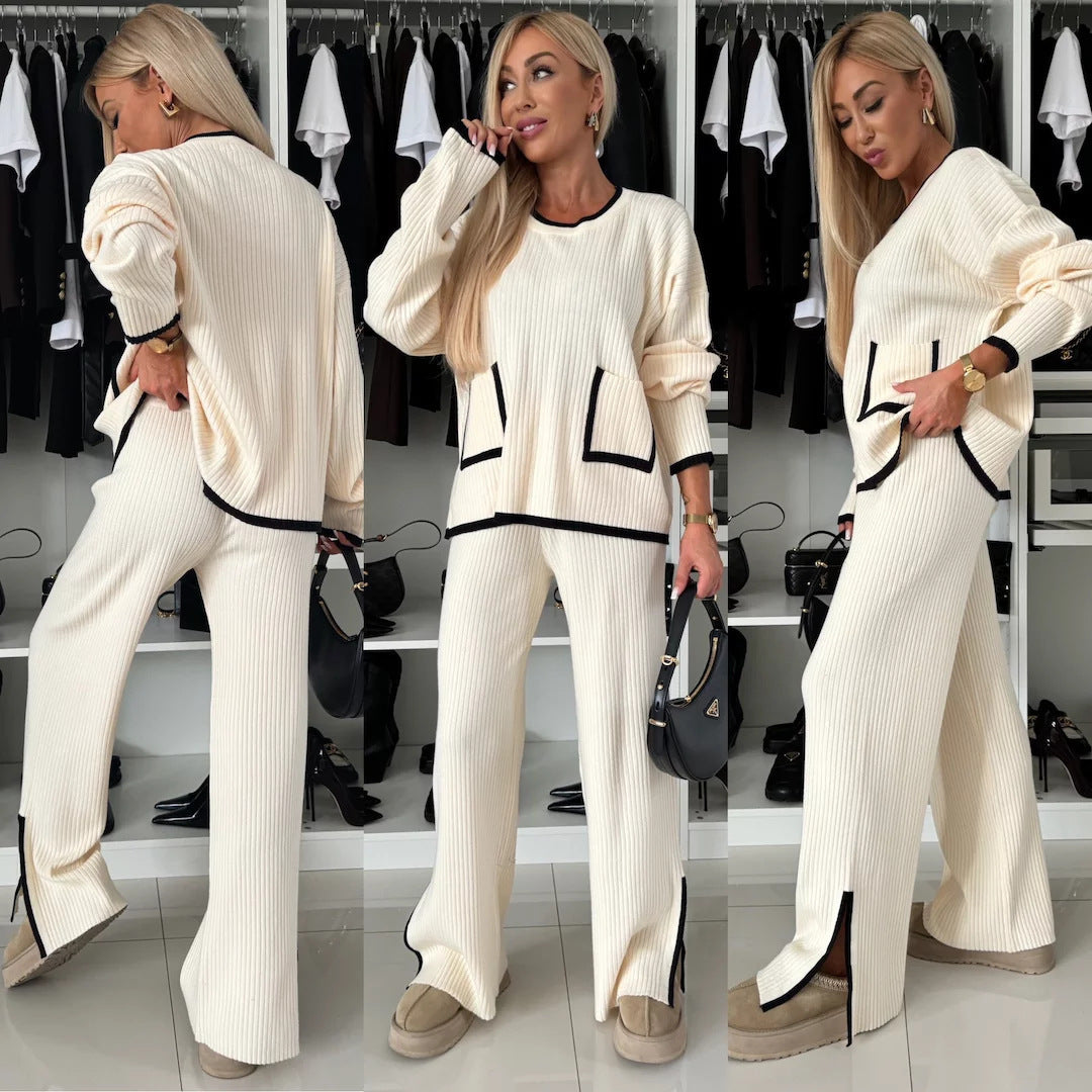 Damen Strick-Loungewear-Set mit Taschen Kontrast-Abschlüsse Beige - Norvielle