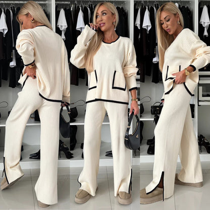 Damen Strick-Loungewear-Set mit Taschen Kontrast-Abschlüsse Beige - Norvielle